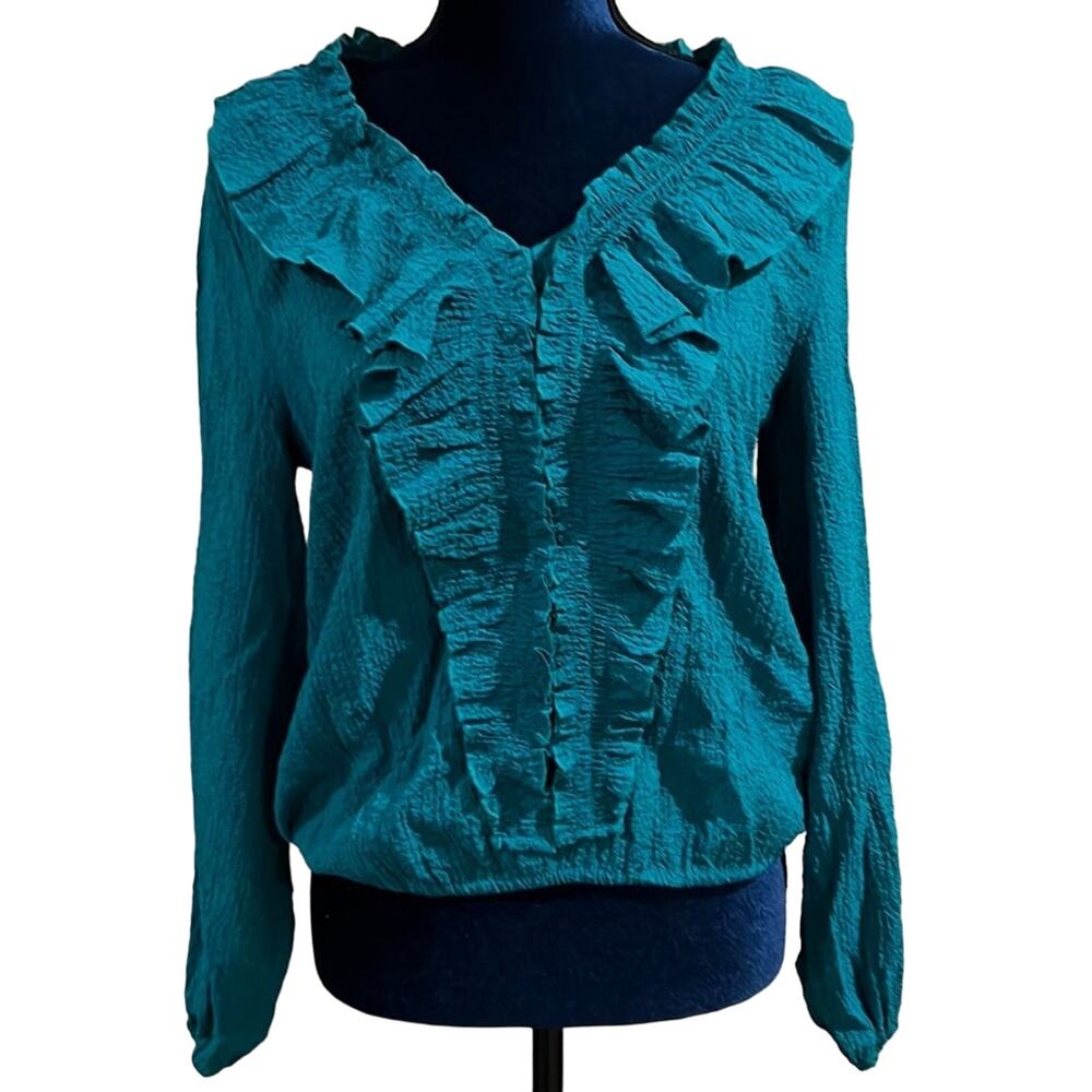 Andrew Marc New York Turquoise Ruffle Neck Top long Sleeve Sz S
